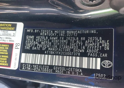 2012 Toyota Camry Se V6 из США, поврежденный, VIN 4T1BK1FK2CU007378